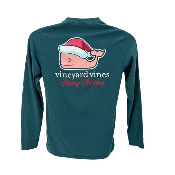 Vineyard Vines Youth Large Shirt Christmas Santa Whale Logo Pocket Green Tee - Picture 1 of 4